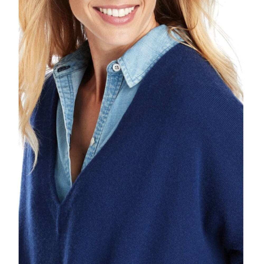 Vineyard Vines Oversized Striped V-Neck Poncho Sweater in Navy & Gray Size XS - Picture 4 of 12